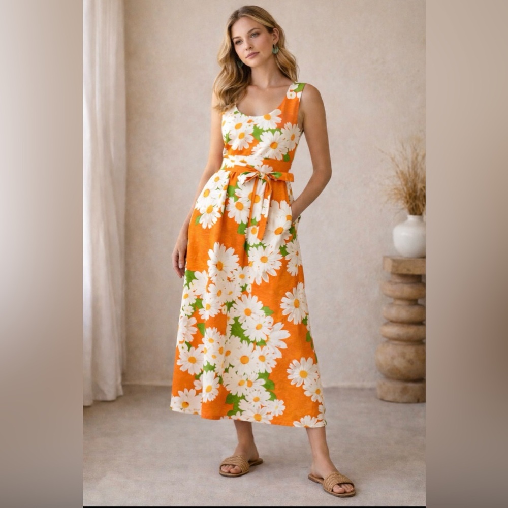 Orange Daisy Print Maxi Dress with Tie Waist